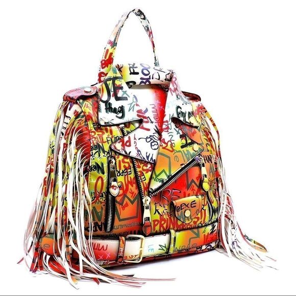 ⭐️Host Pick⭐️Multi Graffiti Motorcycle Jacket Fringe Backpack - Picture 7 of 8
